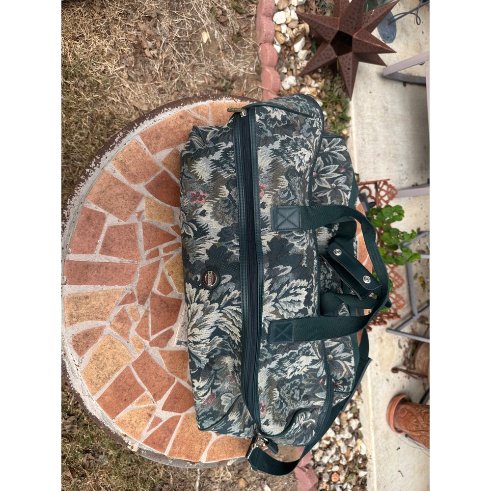 Vintage Jaguar JCPenney Floral Tapestry Duffle Bag Green Woven Travel Bag